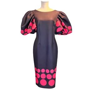 Item #A103  For Her NYC Black Vintage  Fuchsia Polka Dot Puff Sleeve Dress NWT M
